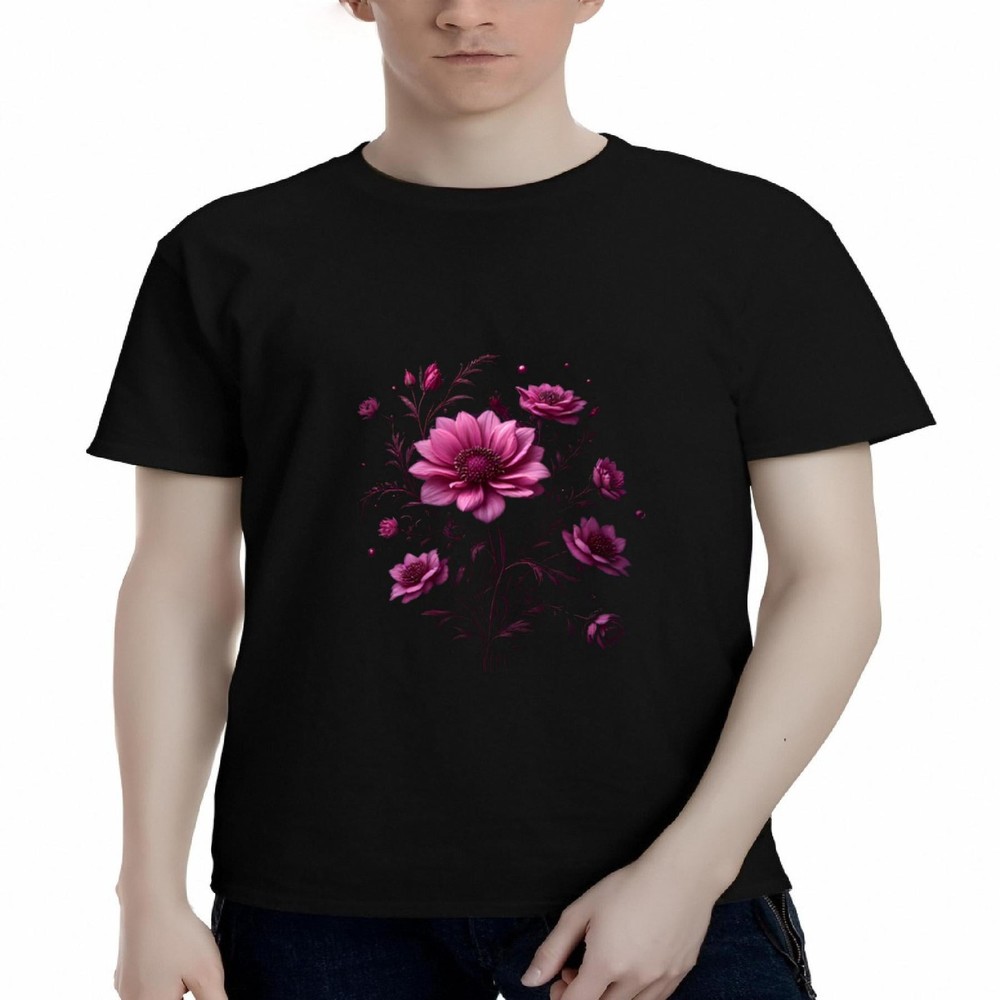 Men's Cotton Short Sleeve T-Shirt - Elegant Black Tee with Vibrant Pink Floral
