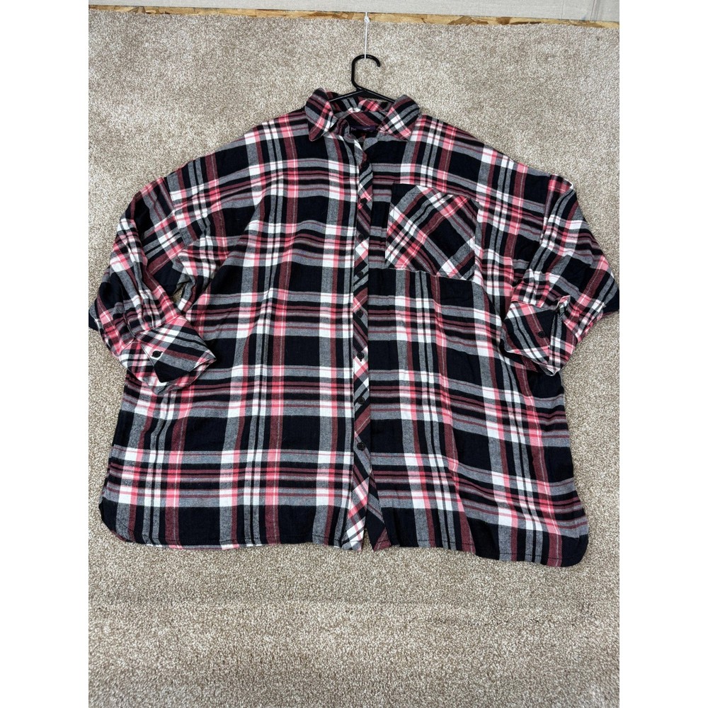 Roaman's Womens 20W Plaid Button Down Shirt Black Red White Grunge Plus Flannel