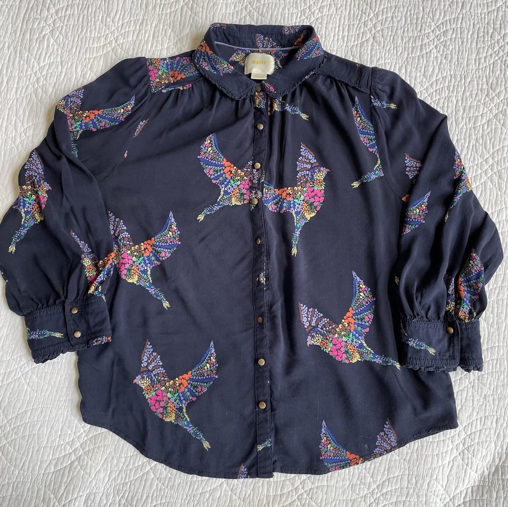 Maeve Anthropologie Navy Bird Print Blouse Top Sz S Whimsy Quirky Flowy