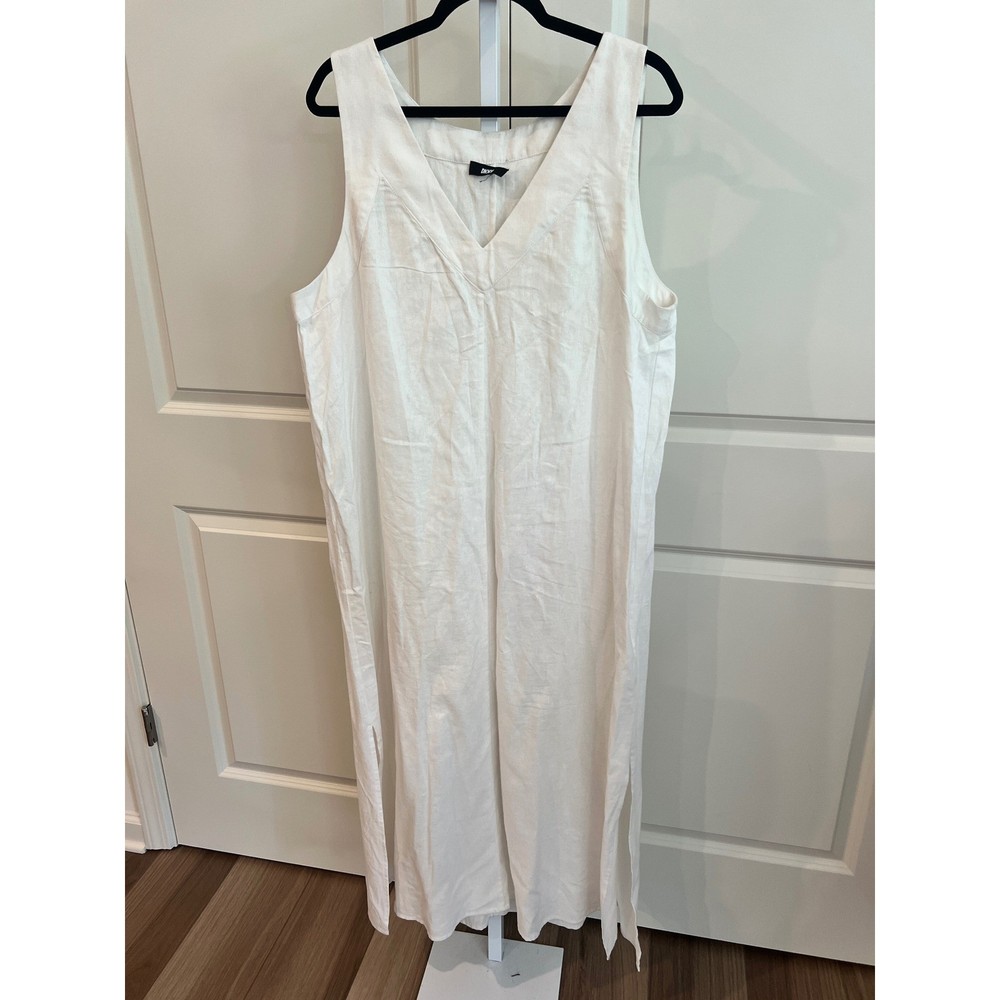 DKNY Womens White Linen Blend V-Neck Sleeveless Maxi Shift Dress Side Slits L