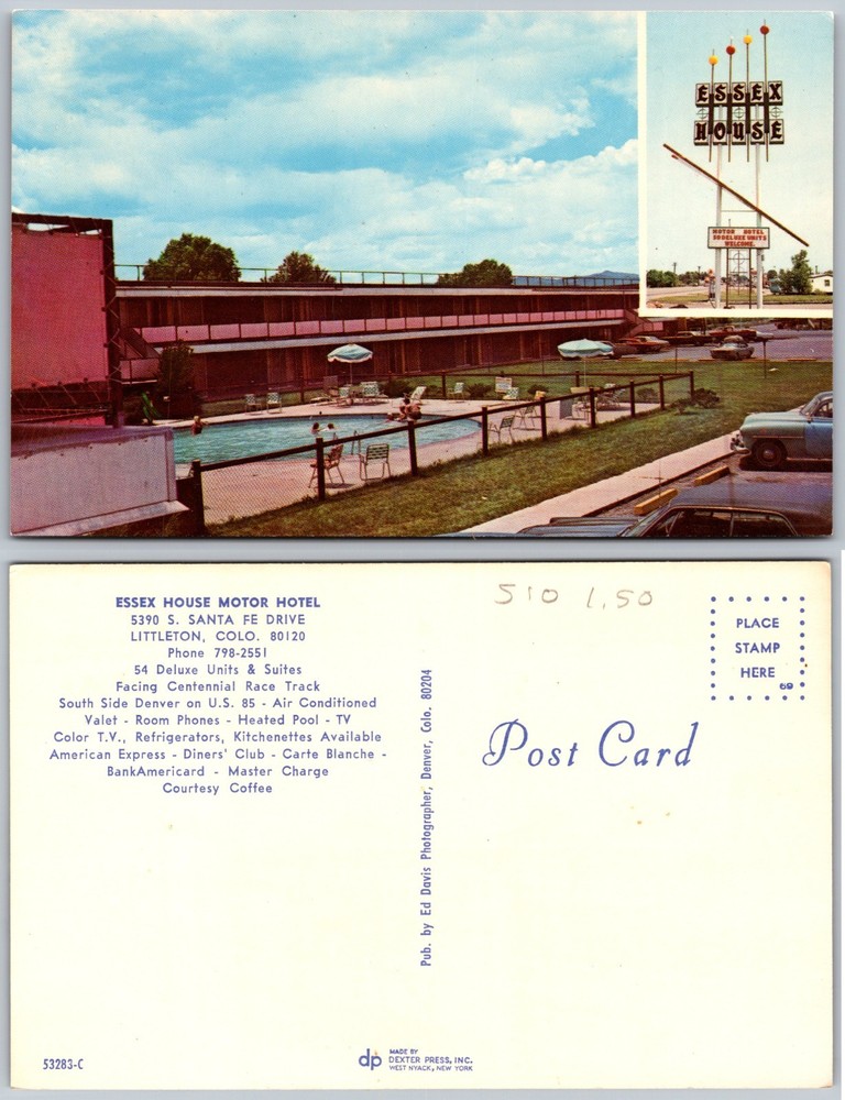 Littleton Colorado Essex House Motor Motel Pool Sign Postcard
