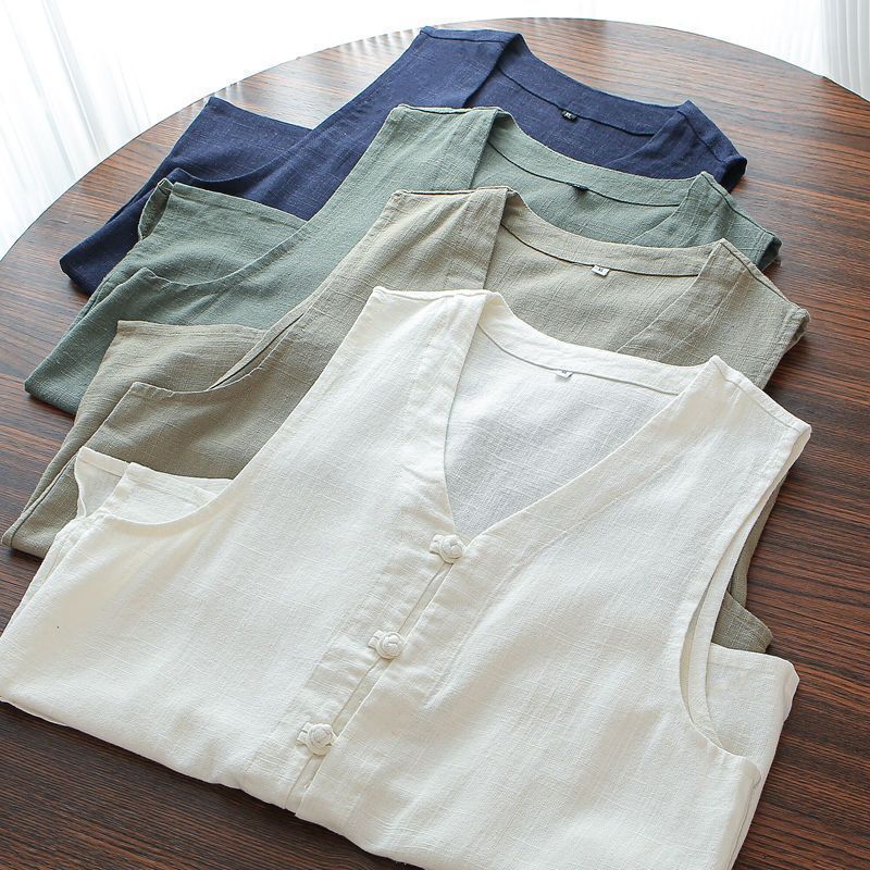 Men's Retro Sleeveless Vest Waistcoat Soft Cotton Linen Button Pocket Casual Top