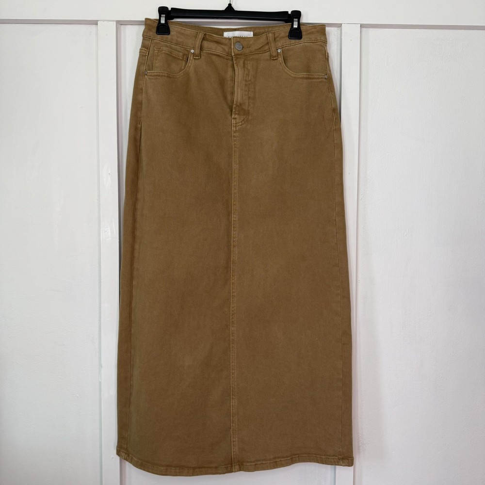 RISEN Los Angeles Jeans Khaki Highrise Back Slit Denim Maxi Skirt Sz M Lagenlook