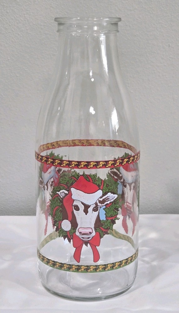 Nastalgic Santa Wreath Cow Milk Bottle  Christmas Table Decor Glass