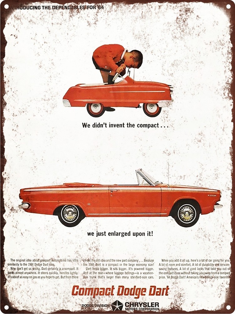 1964 Red Dodge Dart Convertible Pedal Car Man Cave Metal Sign Repro 9x12