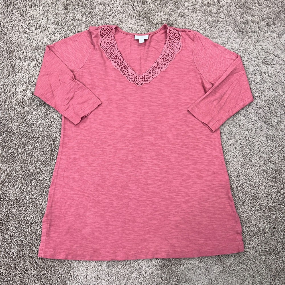 J JIll Shirt Womens Small Pink Crochet Lace Tunic Coastal Lagenlook Minimal Flow
