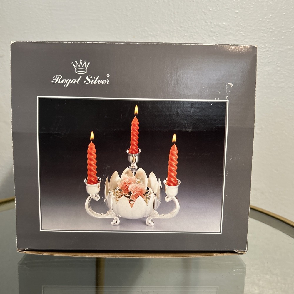 Vintage Silver Plated Lotus Flower Bowl with 3 Candle Holders made in Hong Kong