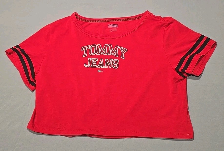 Tommy Jeans Women Top Medium Red T-Shirt Crop Logo Graphic Crew Neck Pullover