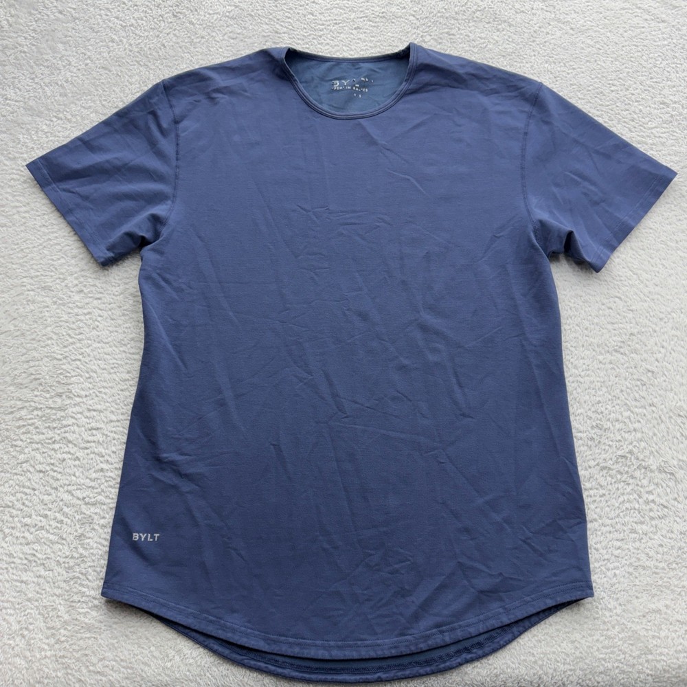 BYLT Premium Basics Mens Drop Cut T-Shirt Blue Short Sleeve Curved Hem Size L