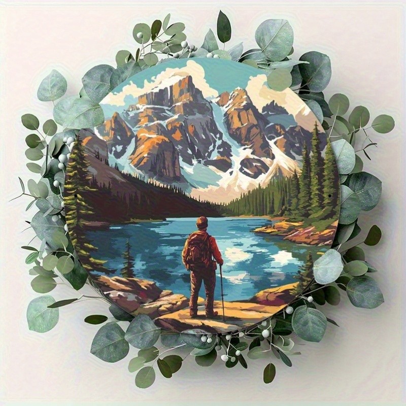 Mountain Lake Pine Trees Hiking Adventure Round Aluminum Wall Art
