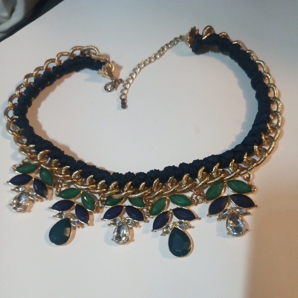 Vintage Goldtone Rhinestone & Acrylic Statement Necklace Blue/Green/Purple 18