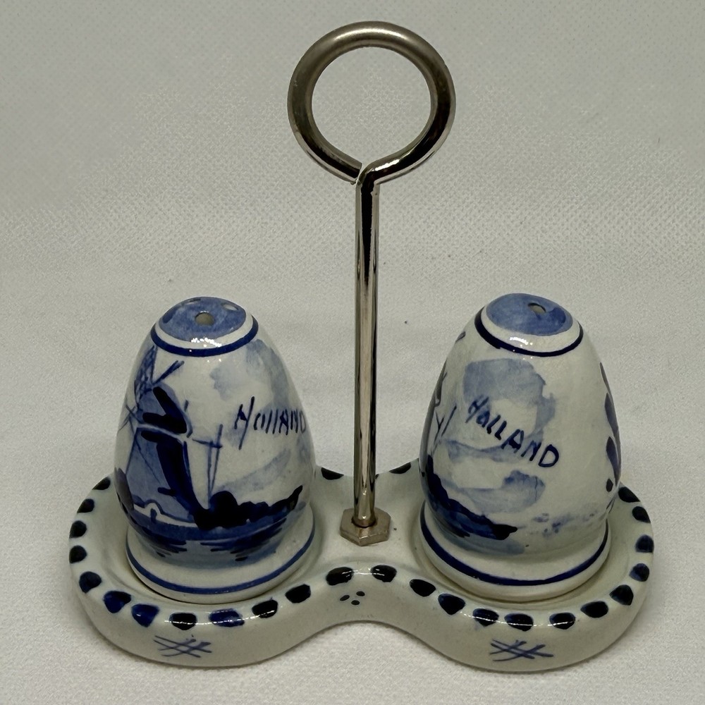 Vintage Delft Holland Ceramic Metal Salt Pepper and Tray Set Blue White