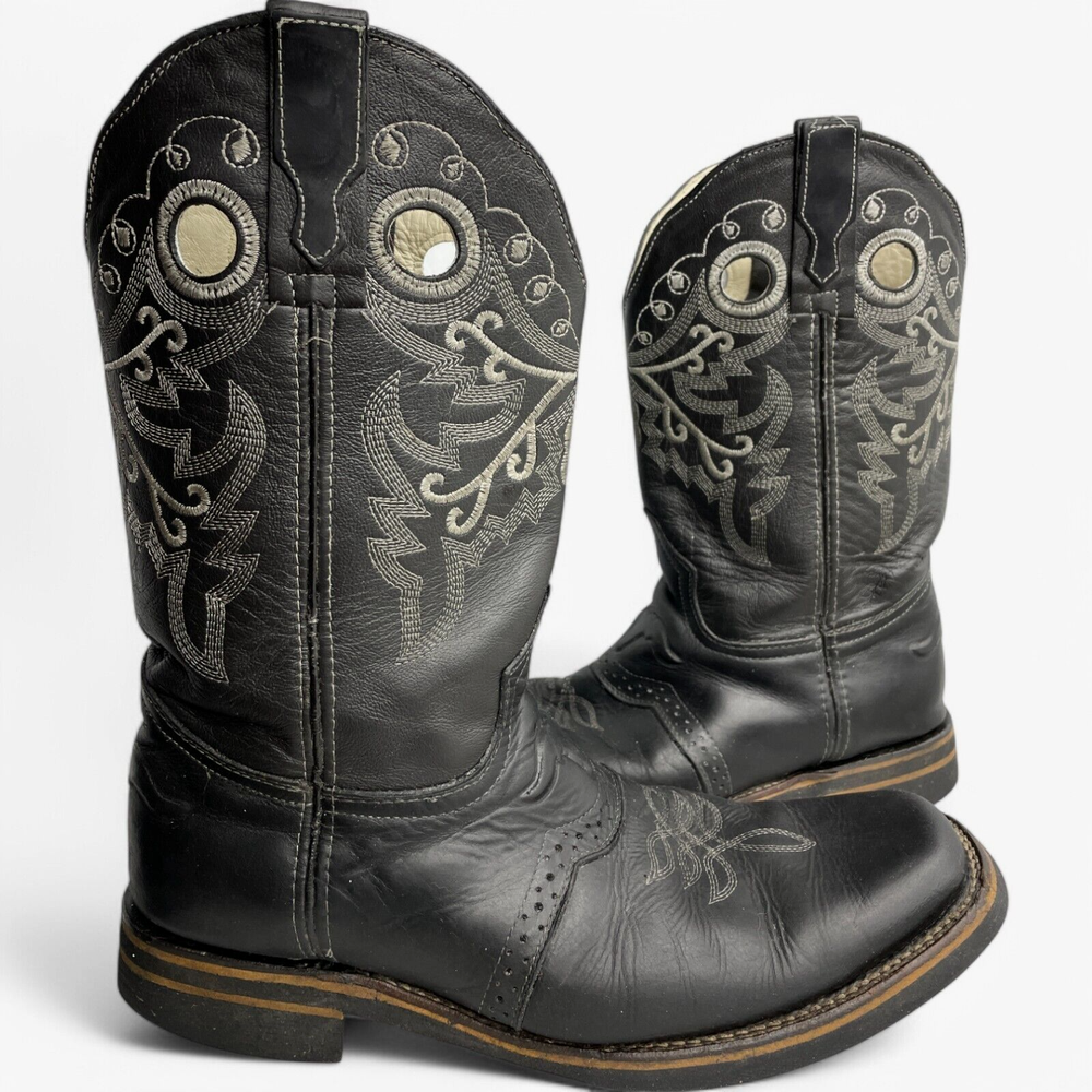 Potrero Leather Black Embroidered Western Biker Boots Men's Size 10