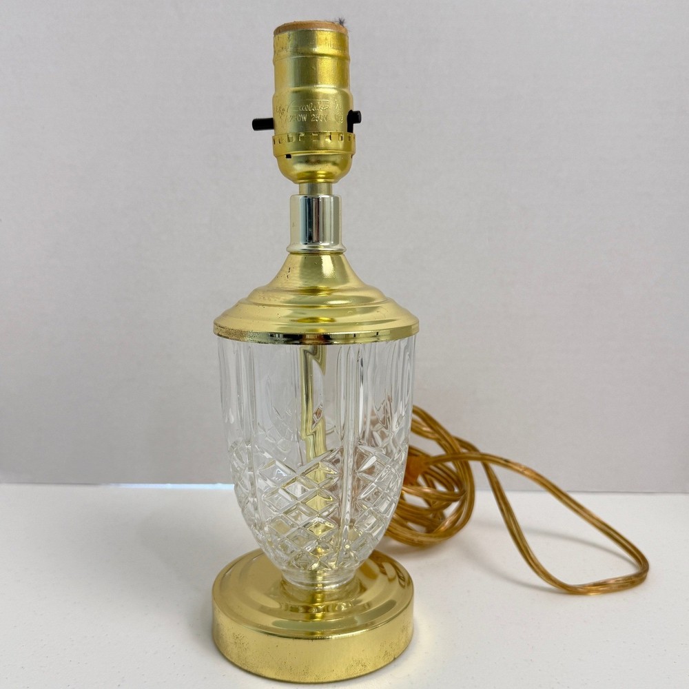 Vintage Crystal Glass Small Accent Table Lamp Gold Tone Regency Hollywood Glam