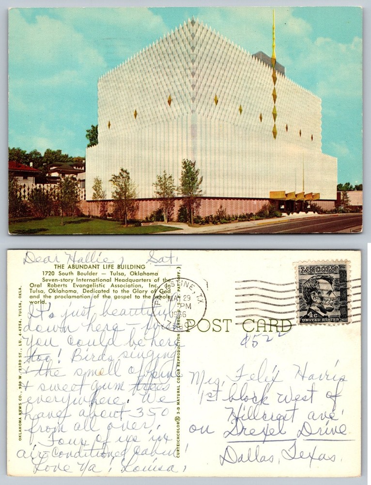 Abundant Life Building Tulsa OK Oral Roberts Postcard 1956 Curteichcolor