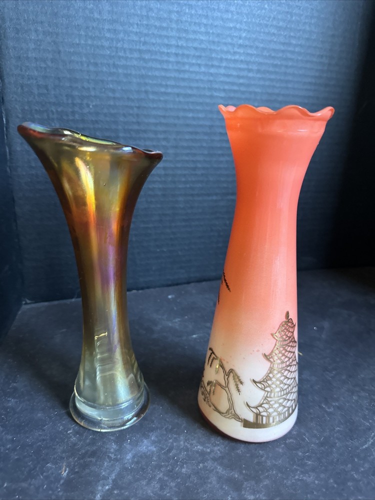 VTG. Art Glass Vase Lot Iridescent Carnival Glass & Satin Pink Floral Vase#R105