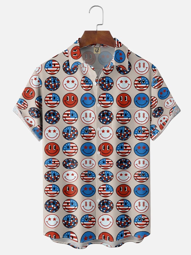 American Flag Smiley Face Chest Pocket Holiday Shirt