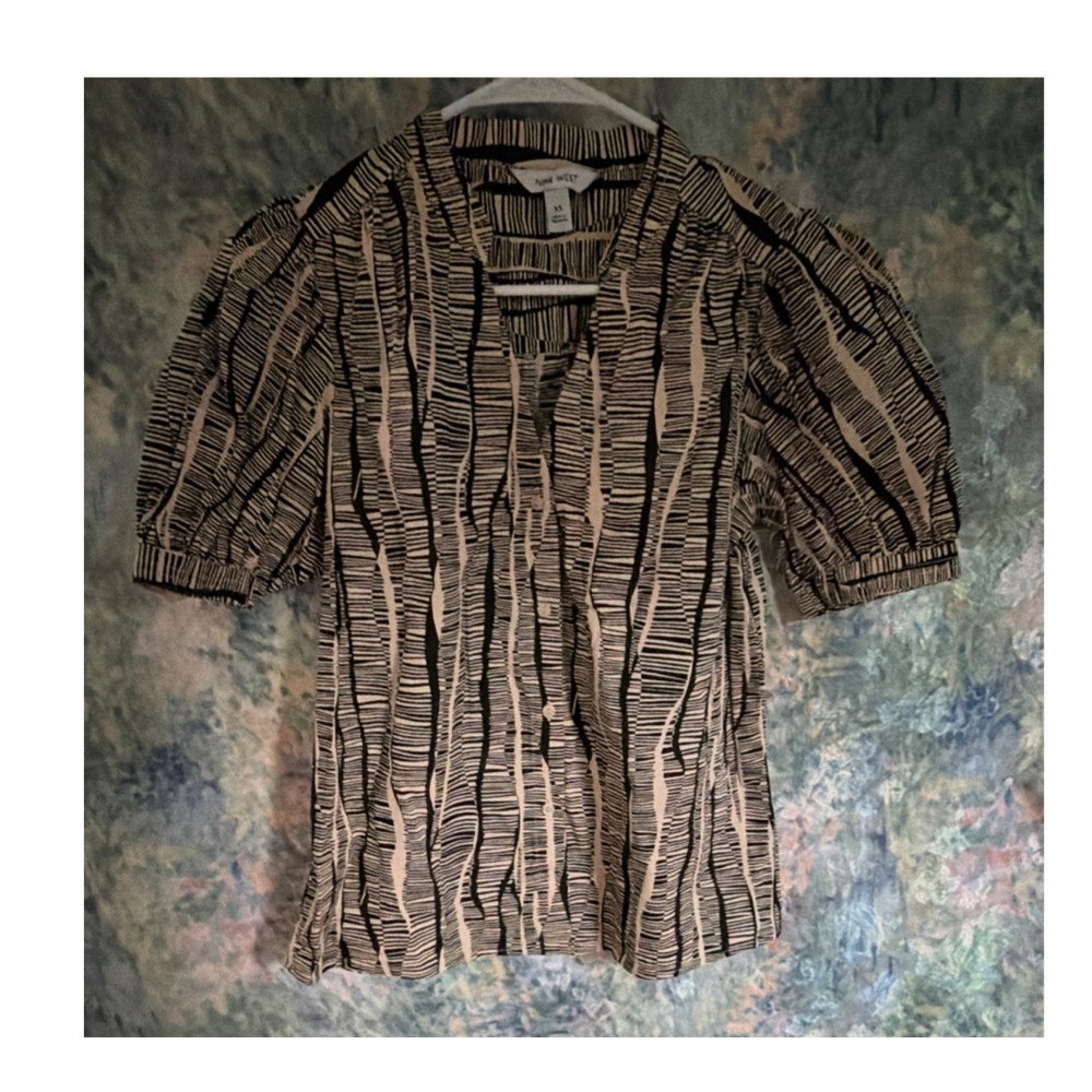 Nine West Striped Puff Sleeve Button-Down Cotton Blouse Black Beige Size M