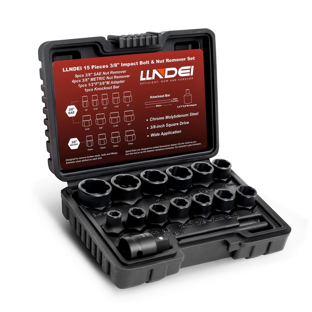 Bolt Extractor Kit, 15PCS Easy Out Stripped Lug Nut Removal Set with 3/8-Inch...