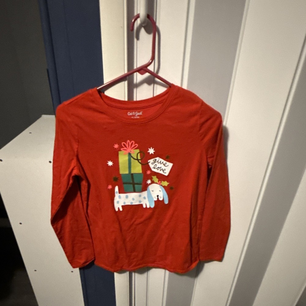 Cat & Jack Girls M Red Long Sleeve Cotton Crew Neck Graphic Dog Holiday Tee