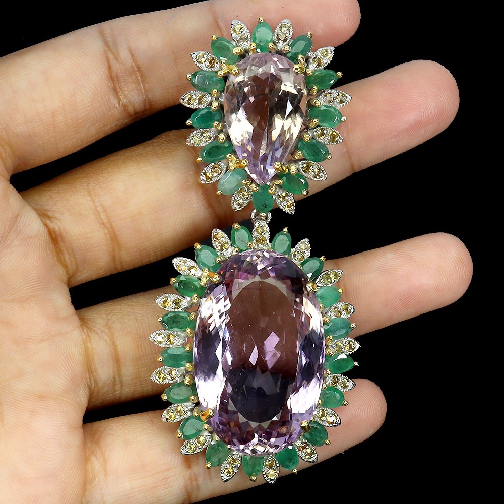925 Sterling Silver Handmade Oval Ametrine Pendant 73ct Emerald Gemstone Jewelry