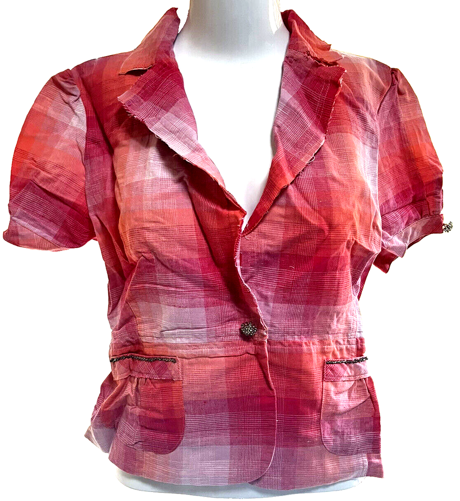 True Meaning Jacket Crop Puff Sleeve VTG Y2K Embellished Pink Plaid 10 Romantic