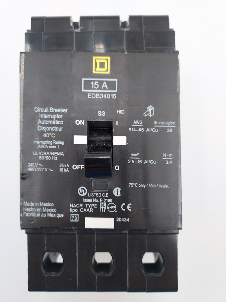 SQUARE D EDB34015 Bolt On Circuit Breaker 15A 3P 480/277V EDB 15 Amp 3 Pole Used