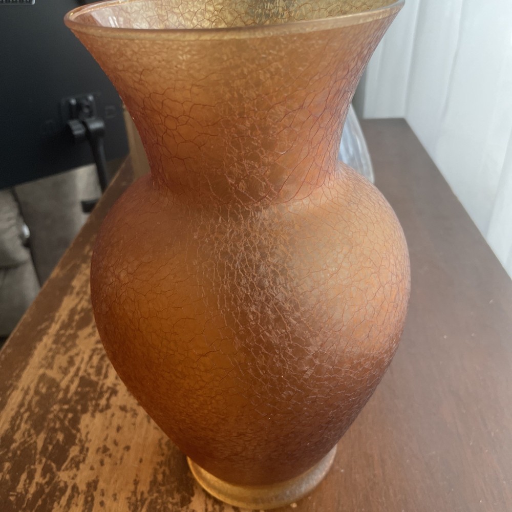 Vintage Hand Blown Crackle Glass Vase Amber 5.75