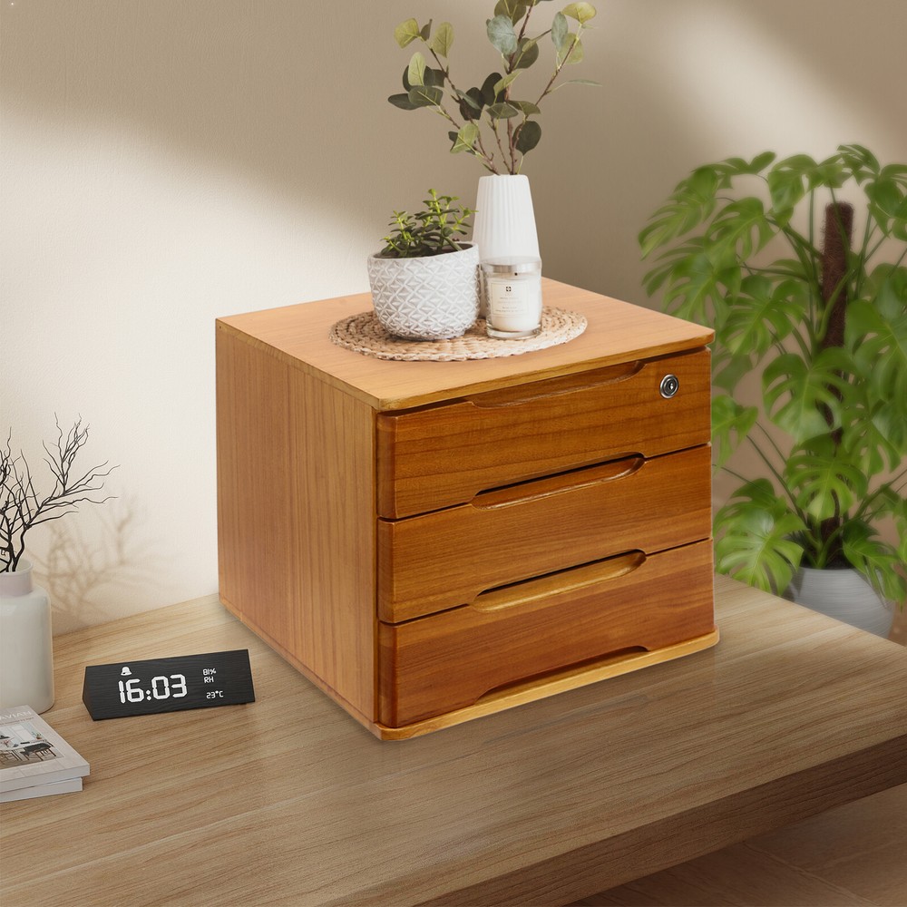 17.72 in Wood Yellow Rectangle 3-Tier Desktop Storage Box with Lockable Drawers