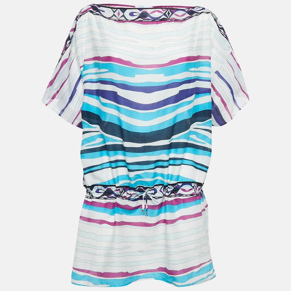 Emilio Pucci Blue White Floral Cotton Voile Tunic Top Size M
