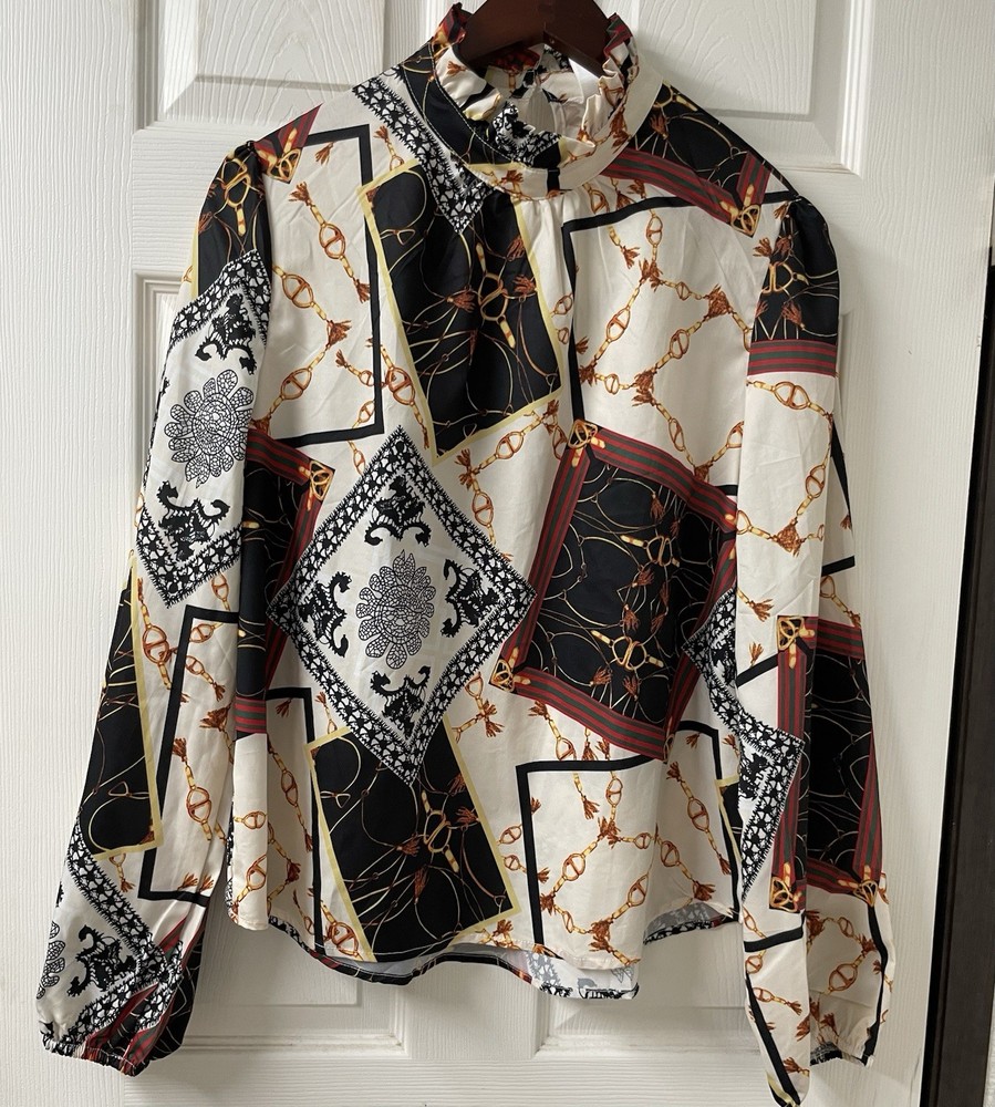 Women’s XL Multicolor Geometric Satin Button-Up Blouse Long Sleeve Collared