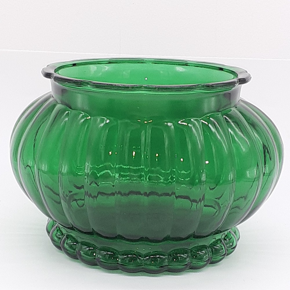Vintage A.L.R. Co R-18 Ribbed Oval Vase Planter in Emerald Green Depression Glass