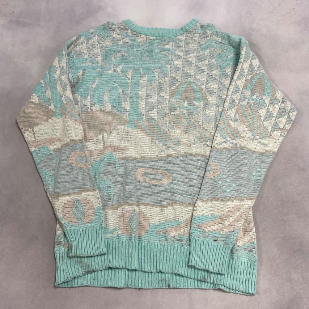 Vintage Knitted Jumper Abstract Palm Tree And Beach Patterned Knit Sweater Men's-image