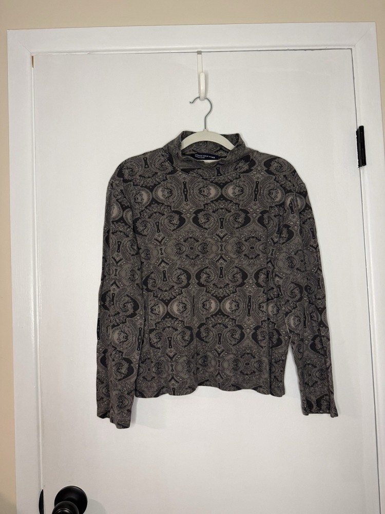 Jones New York Signature Women’s Gray Black Paisley Mock Neck Knit Top L/G
