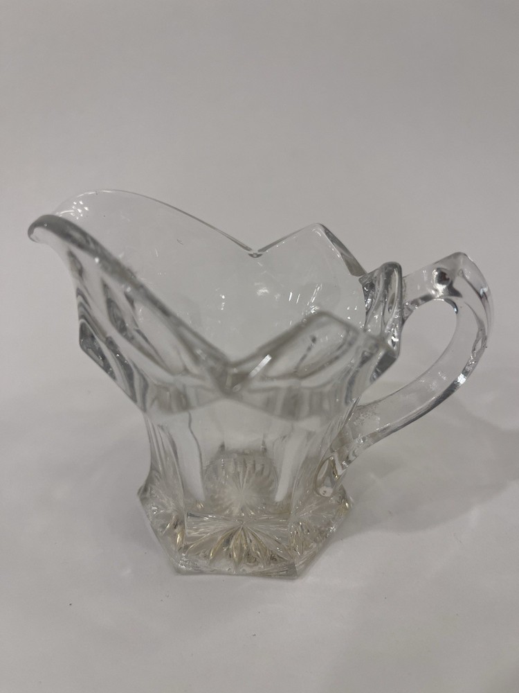 Vintage Hexagon Base Glass 2oz Creamer with Ornate Scalloped Design D4