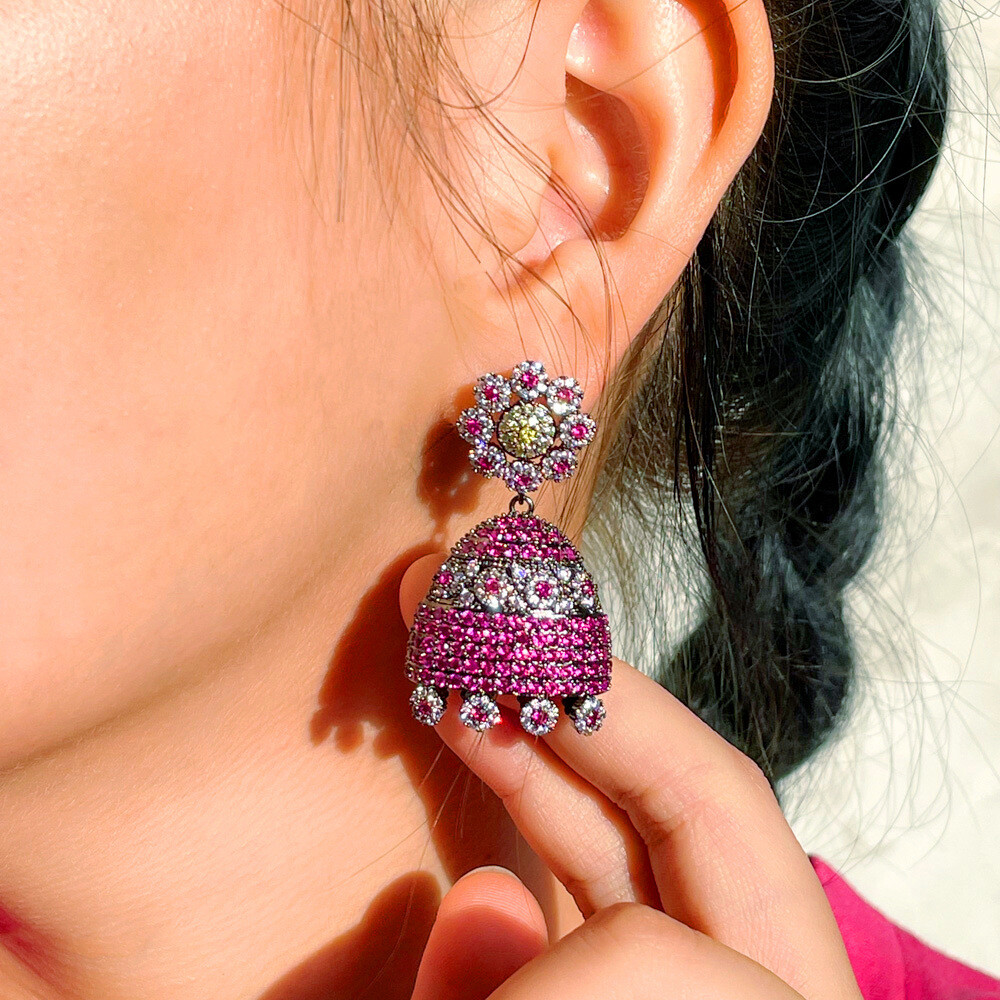 Black Gold Plated Cubic Zirconia Flower Long Drop Earrings Women Costume Jewelry