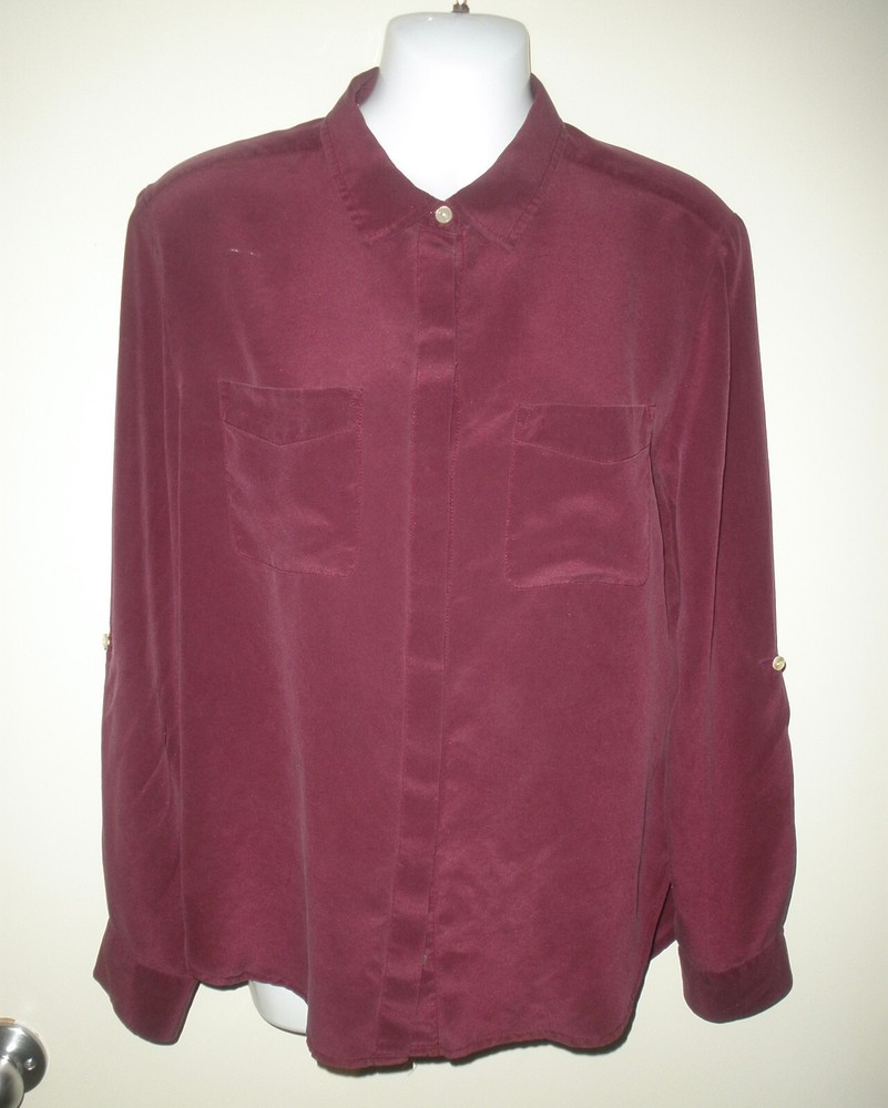 Ann Taylor 100% Silk Maroon Button-Up Shirt with Roll Tab Sleeves