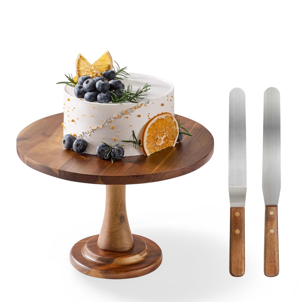 Rustic 12 Inch Acacia Wood Cake Stand with 2 Icing Spatulas-image