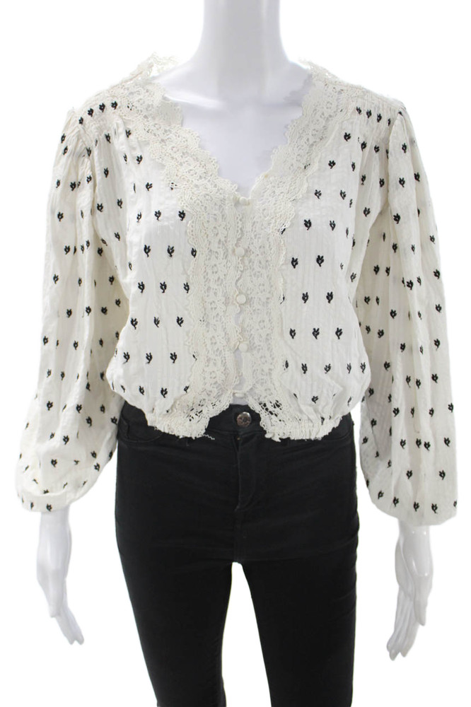Love Shack Fancy Womens Cropped Floral Blouse White Button Size LFree Shipping in US $100+ Orders | $6.95 Orders Below