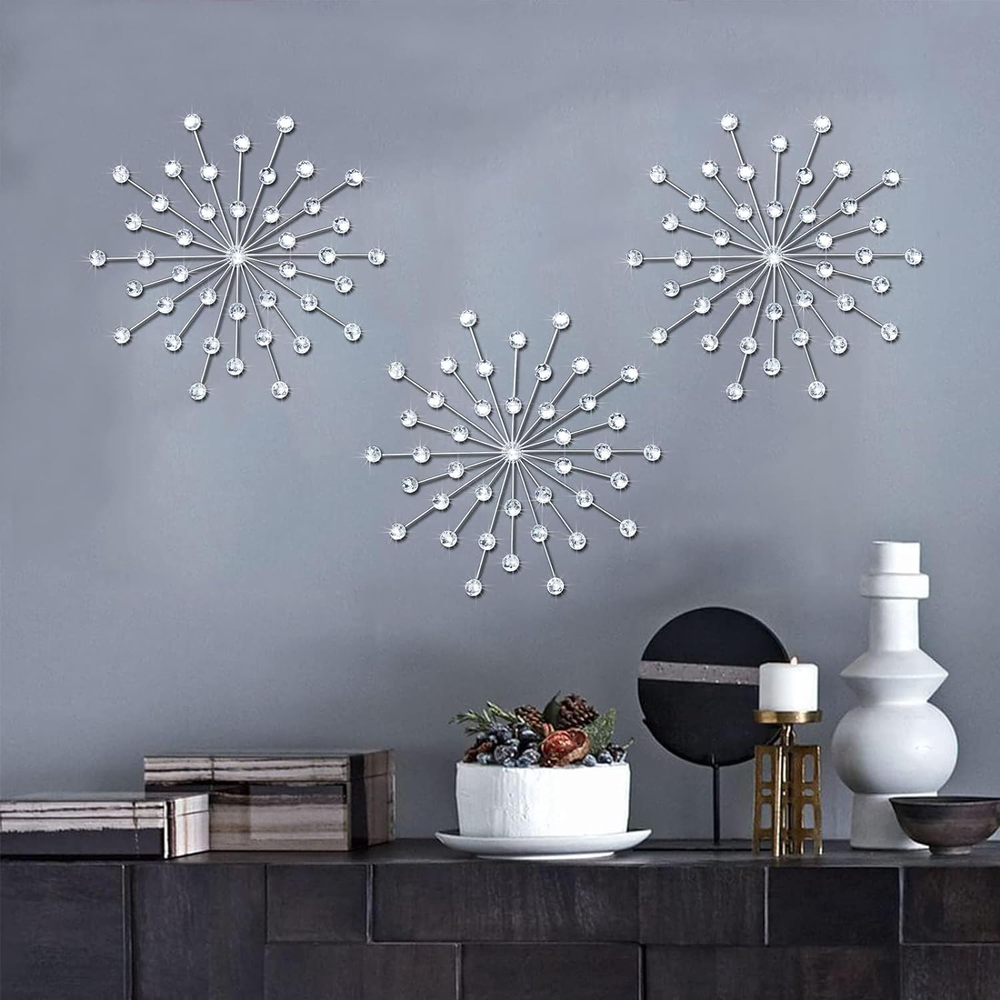 3 Set Silver Metal Jeweled Wall Art Bling Crystal Home Décor Sun Burst Rhineston