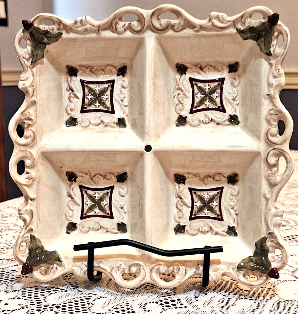 Grasslands Road Serving Dish Christmas Holly Ceramic 4 section Relish Dish