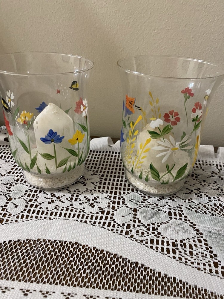 Set of 2 Hand Painted Floral Spring Butterflies Glass Candle Holders