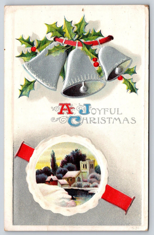Antique Vintage Postcard Christmas Silver Bells Holly Home Snow Embossed 1910