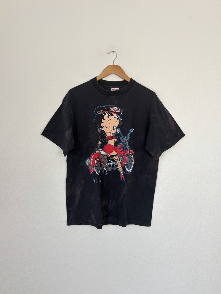 Rare 1992 Betty Boop XL Motorcycle Distressed T-Shirt Made in USA Black Grunge