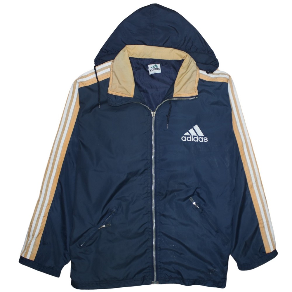 Adidas Mens Windbreaker Jacket Navy Blue Hooded Embroidered Logo Zip Pockets XXL