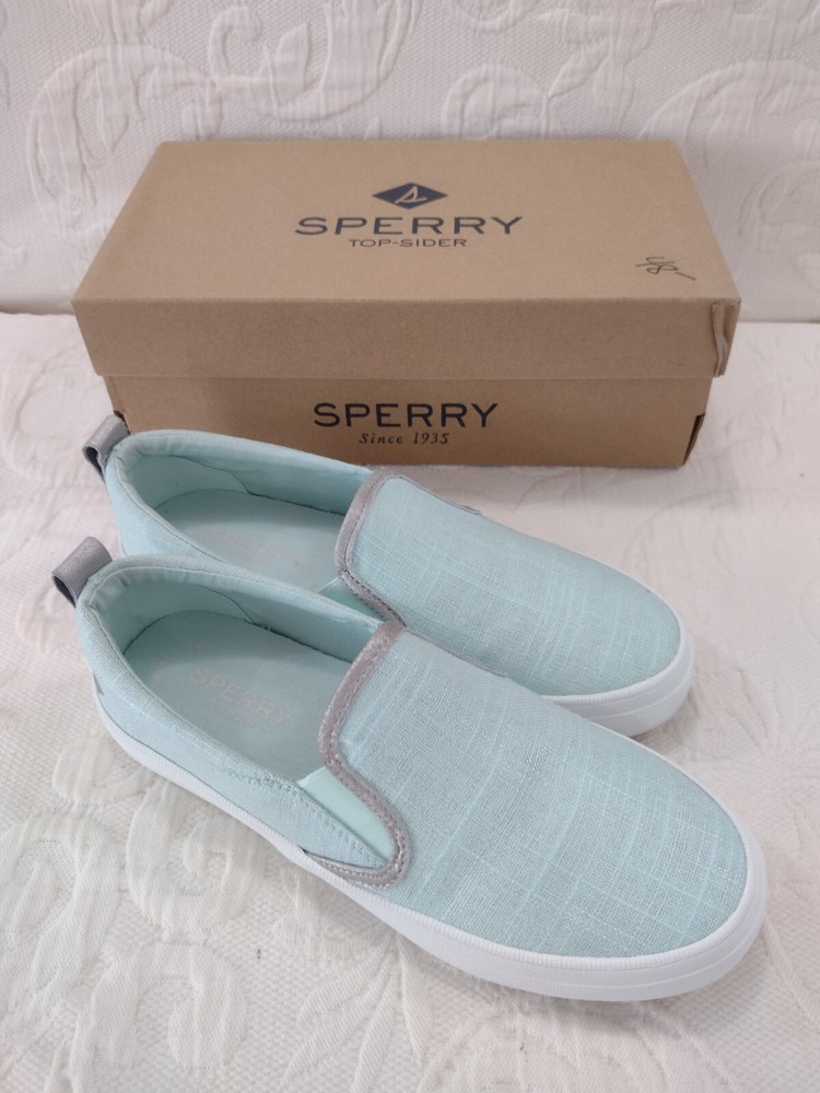 Sperry Crest Twin Gore Blue slip on canvas shoes silver trim womens 7