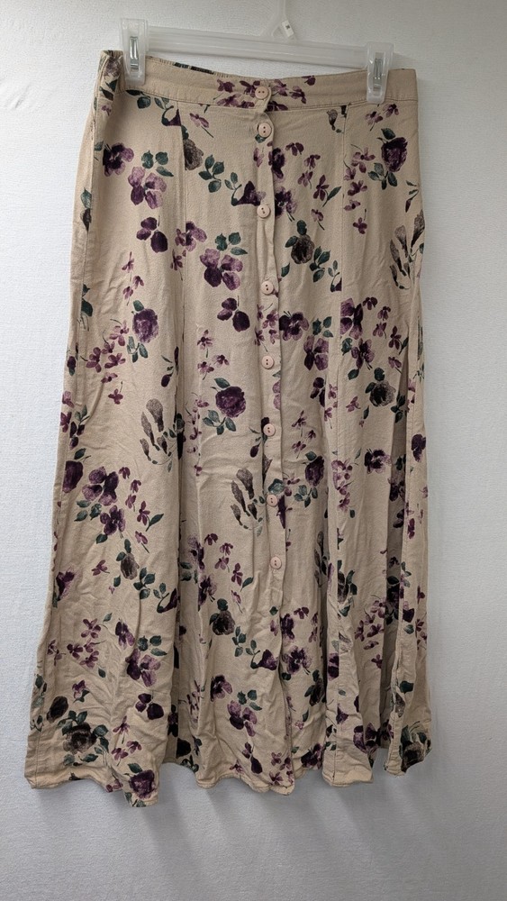 Vintage 90s Floral Print Button Front Maxi Skirt Beige Size M Cottagecore