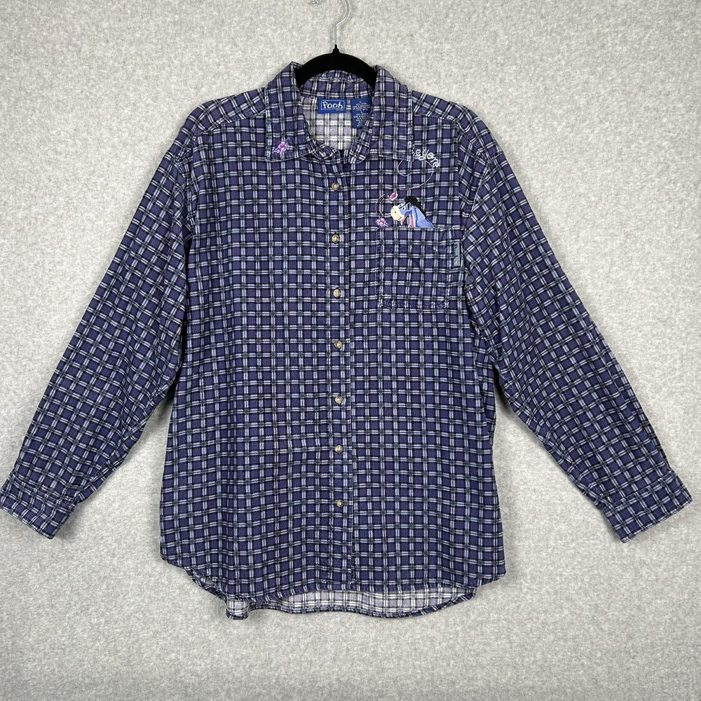 VTG Pooh Eeyore Shirt Women Sz L Purple Plaid Disney Corduroy Embroidered Button