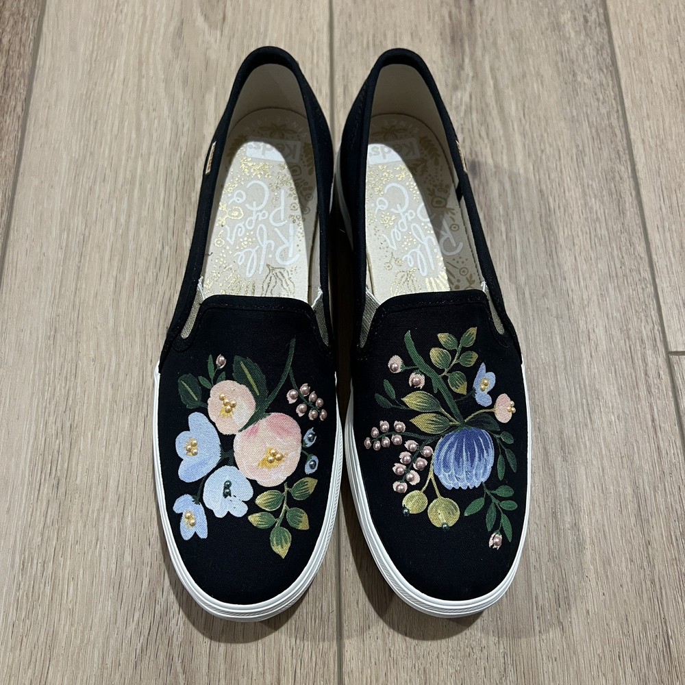 Keds X Rifle Paper Co. Black Floral Beaded Accent Platform Slip on Sneakers 8
