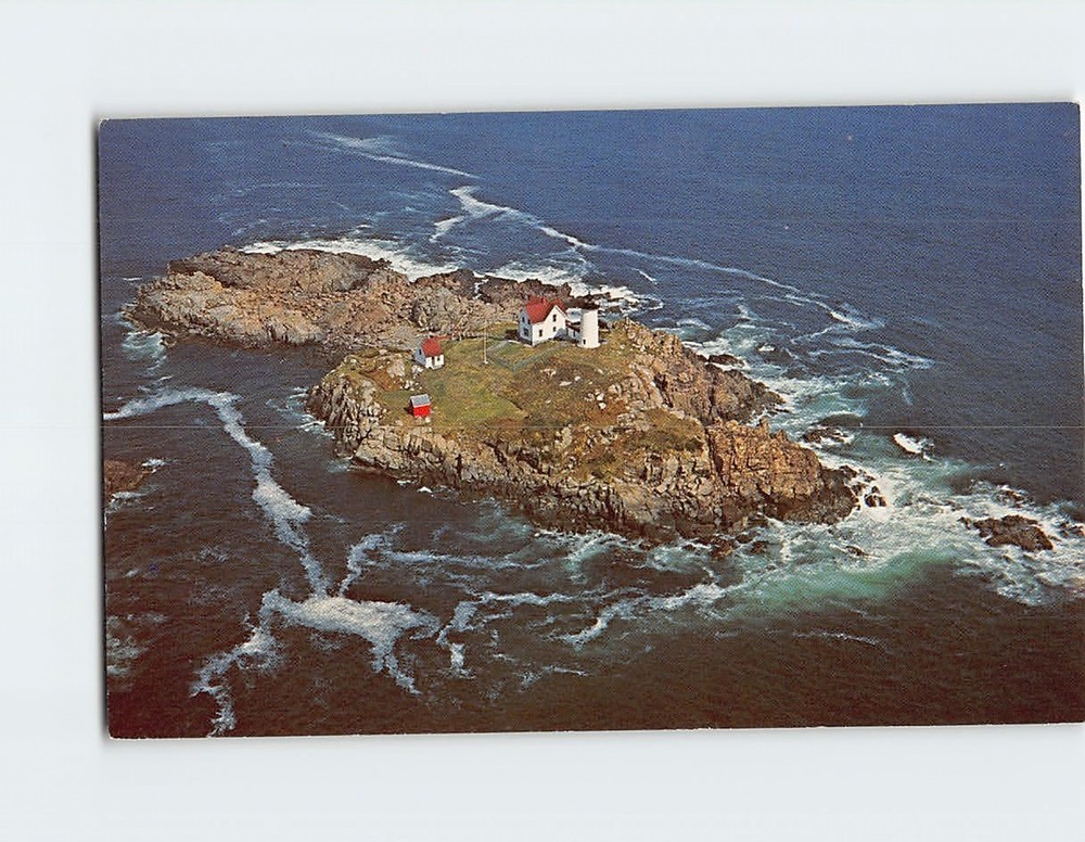 Postcard Aerial View Cape Neddick (The Nubble) Light York Maine USA